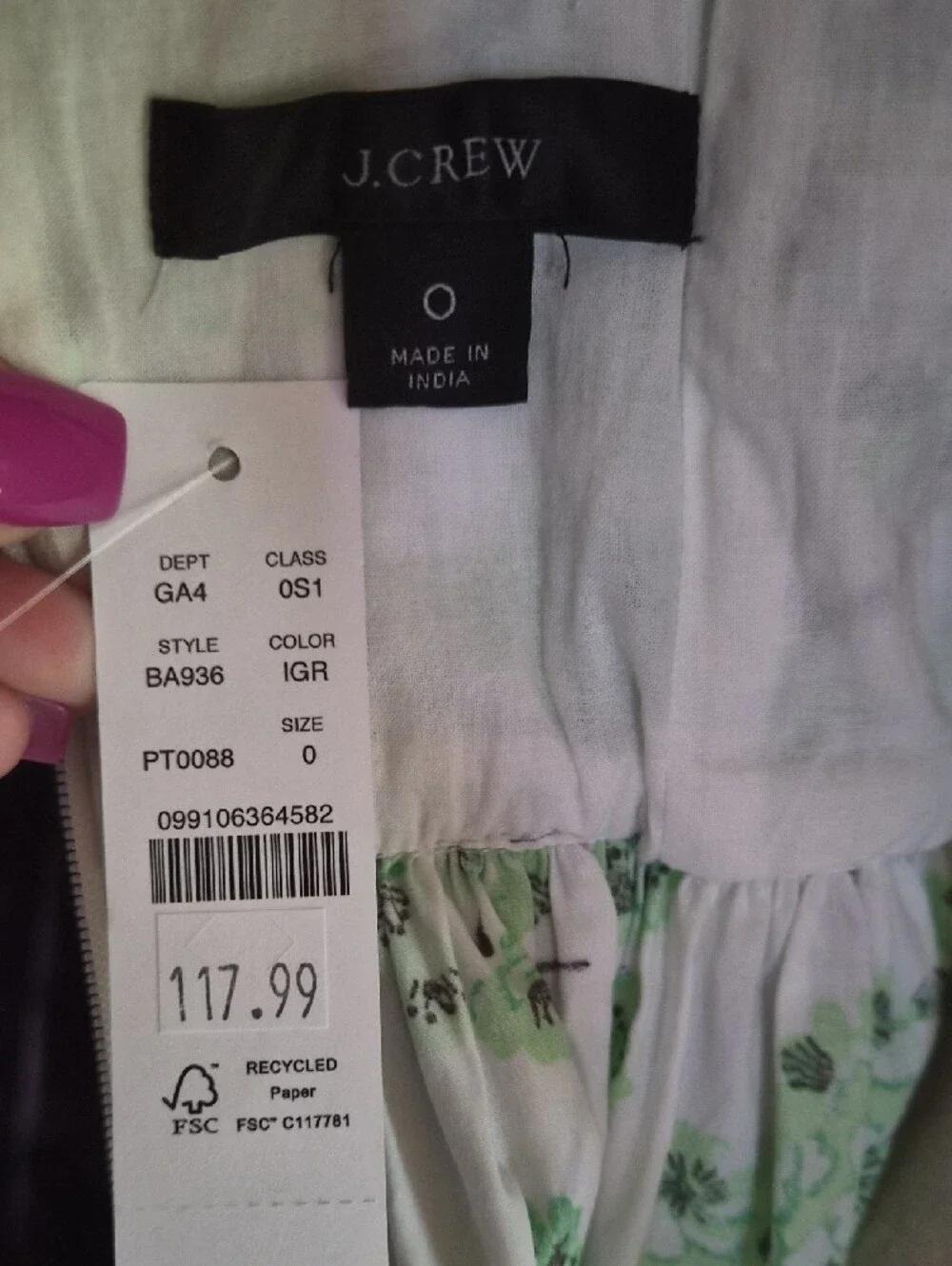 NWT J. Crew Cream Maxi Dress with Green Botanical Print Sz 0